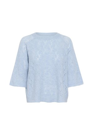 Pull en tricot bleu clair à manches courtes, doté d'un motif texturé en forme de feuille et d'un col rond. Matière douce avec une coupe décontractée.