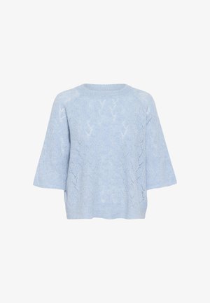 Pull en tricot bleu clair à manches courtes, doté d'un motif texturé en forme de feuille et d'un col rond. Matière douce avec une coupe décontractée.