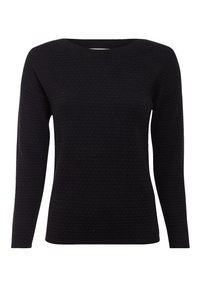 Pull en tricot noir avec des manches longues, un col rond, une surface texturée avec un motif en nid d'abeille et une silhouette ajustée.