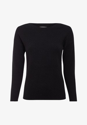 Pull en tricot noir avec des manches longues, un col rond, une surface texturée avec un motif en nid d'abeille et une silhouette ajustée.