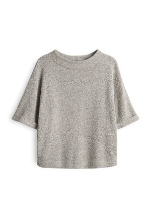 Gray short-sleeve top made of a textured knit fabric, featuring a loose fit and a round neckline, with subtle speckled detailing throughout.