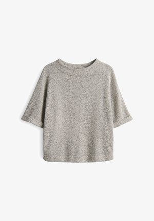 Top grigio a maniche corte realizzato in un tessuto a maglia testurizzato, con una vestibilità ampia e un collo rotondo, caratterizzato da dettagli a pois sottili su tutta la superficie.