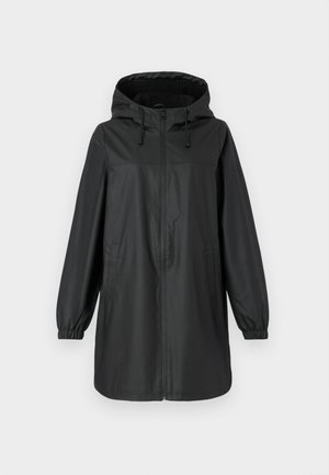 Zwarte lange regenjas met capuchon, voorrits, elastische manchetten en zijzakken, weergegeven op een effen achtergrond.