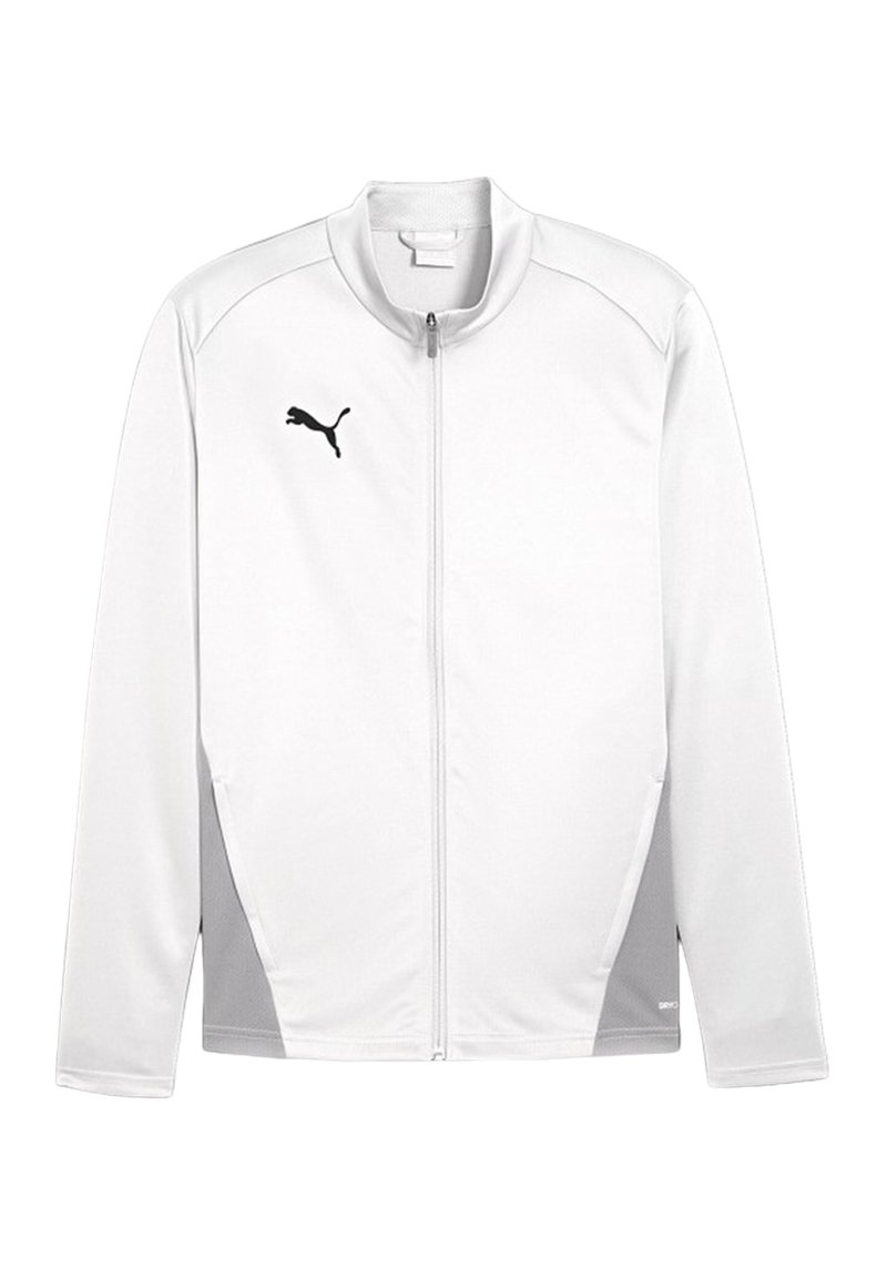 Veste de sport blanche zippée avec logo Puma noir sur la poitrine gauche et panneaux latéraux gris.
