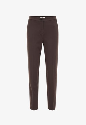 Brown tailored pants with a slim fit, featuring a button closure, flat front, and smooth fabric texture. No pockets visible.