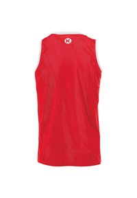 Gilet sportivo rosso senza maniche realizzato in tessuto a rete traspirante. Presenta un bordo bianco e un collo rotondo, con un logo nella parte superiore della schiena.