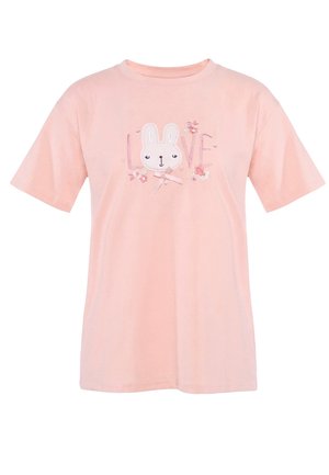 Hellrosa T-Shirt mit kurzen Ärmeln, ""LOVE""-Text, einem Hasengesicht, floralen Akzenten und einer kleinen Schleife auf der Brust.