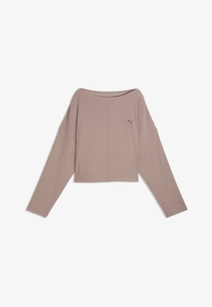 Long-sleeve mauve cropped sweatshirt with round neck and small Puma logo on left chest, laid flat on white background.