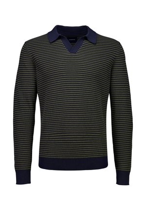 Langærmet striktrøje med vandrette striber i mørkegrøn og marineblå, marineblå krave, manchetter og linning, V-hals stil.