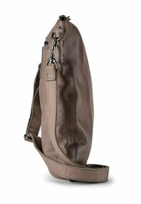 Borsa a spalla in pelle, colore taupe, profilo sottile, tracolla regolabile, chiusura con zip superiore, texture morbida, cuciture minimali, accenti hardware discreti.