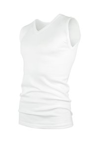 White, sleeveless V-neck tank top made of smooth fabric. Features a fitted design with subtle texturing and seamless armholes.