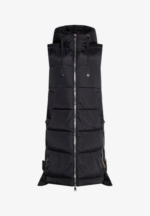 Chaleco acolchado negro con capucha, que presenta un cierre frontal completo, bolsillos laterales y cordones ajustables. Textura suave y diseño moderno.