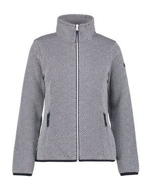 Damenjacke mit Reißverschluss und hohem Kragen, geometrisches Rautenmuster in Marineblau und Weiß, zwei vordere Reißverschlusstaschen und lange Ärmel.