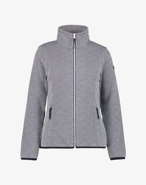 Damenjacke mit Reißverschluss und hohem Kragen, geometrisches Rautenmuster in Marineblau und Weiß, zwei vordere Reißverschlusstaschen und lange Ärmel.