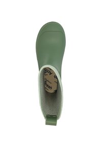 Botte chevillée en caoutchouc verte avec un extérieur lisse, une doublure texturée, un bout rond et une languette à l'arrière pour un enfilage facile.