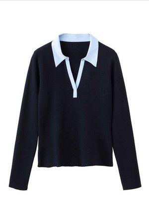 Marineblå striktrøje med lyseblå krave og lange ærmer, med en afslappet pasform og en V-formet slids ved kraven.