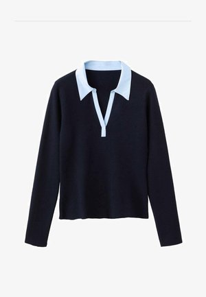 Marineblå striktrøje med lyseblå krave og lange ærmer, med en afslappet pasform og en V-formet slids ved kraven.