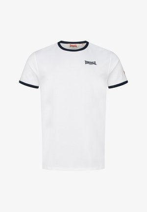 Biely bavlnený tričko s námorníckym modrým lemovaním na golieri a rukávoch. Obsahuje malé námornícke logo na ľavej strane hrudníka.