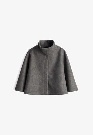 Grijze wollen mixjas met een hoge kraag, recht gesneden silhoët, sluiting aan de voorkant en ruime mouwen voor een losvallende pasvorm.