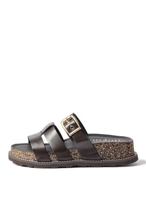 Brown leather slide sandal with cork platform sole, three straps, and a gold buckle on the top strap against white background.