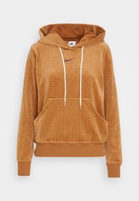 Brun velour hoodie med ett strukturerat rutmönster, framficka, vita dragsnören och en liten logotyp på bröstet. Ribbad mudd och fåll.