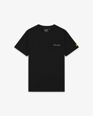 Μαύρο κοντομάνικο T-shirt με στρογγυλή λαιμόκοψη, με το κείμενο "LYLE & SCOTT" στο στήθος και μικρό κίτρινο λογότυπο στο αριστερό μανίκι.
