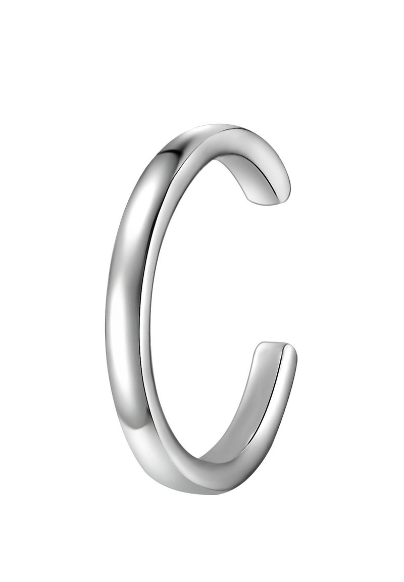 Silverfärgad metallöppen manschettring med en slät, rundad design och en lätt kurva i varje ände, vilket ger ett enhetligt utseende.