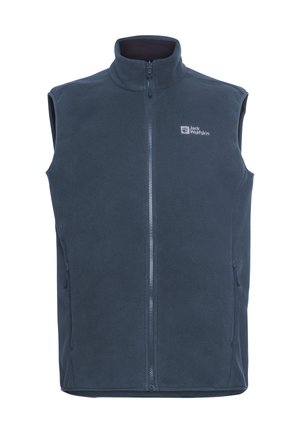 Donkerblauwe fleece vest met een hoge kraag en een rits aan de voorkant. Beschikt over twee zijzakken met rits en een logo op het linkerborstgebied.