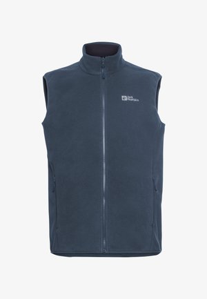 Donkerblauwe fleece vest met een hoge kraag en een rits aan de voorkant. Beschikt over twee zijzakken met rits en een logo op het linkerborstgebied.