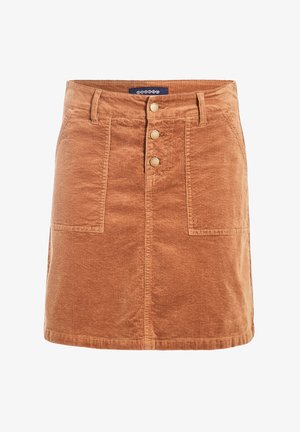 Bruine corduroy minirok met voorzakken en drie messing knopen in het midden.