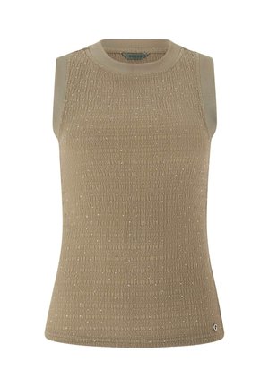 Haut sans manches beige en maille avec motif texturé, col rond et petits détails métalliques, conçu par Guess.