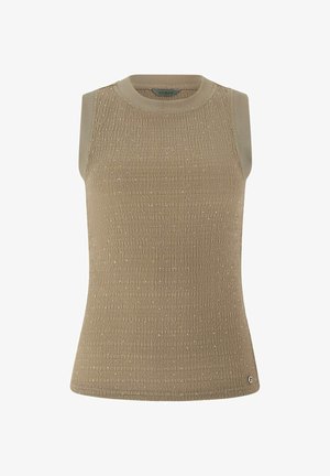 Top beige senza maniche in maglia con motivo testurizzato, scollatura rotonda e piccoli dettagli metallici, disegnato da Guess.