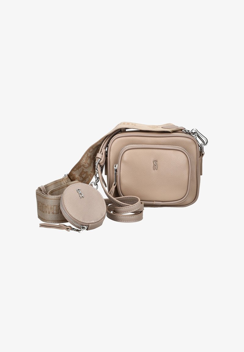 Beige leather crossbody bag with a textured finish, adjustable strap, and a detachable round pouch. Features silver hardware and logo detail.