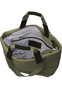 Olivengrøn taske med to sorte håndtag, der har et rummeligt gråt indre, lynlåslommer og en blød, textured yderside.