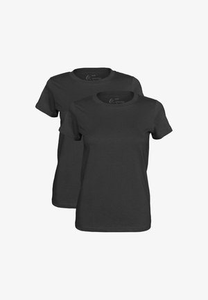 Two black cotton t-shirts with short sleeves, round necklines, and a plain design. Fabric appears smooth with a soft texture.