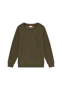 Suéter de cuello redondo de manga larga en color verde oliva con puños y dobladillo acanalados, diseño liso y pequeña etiqueta de la marca cerca del escote.