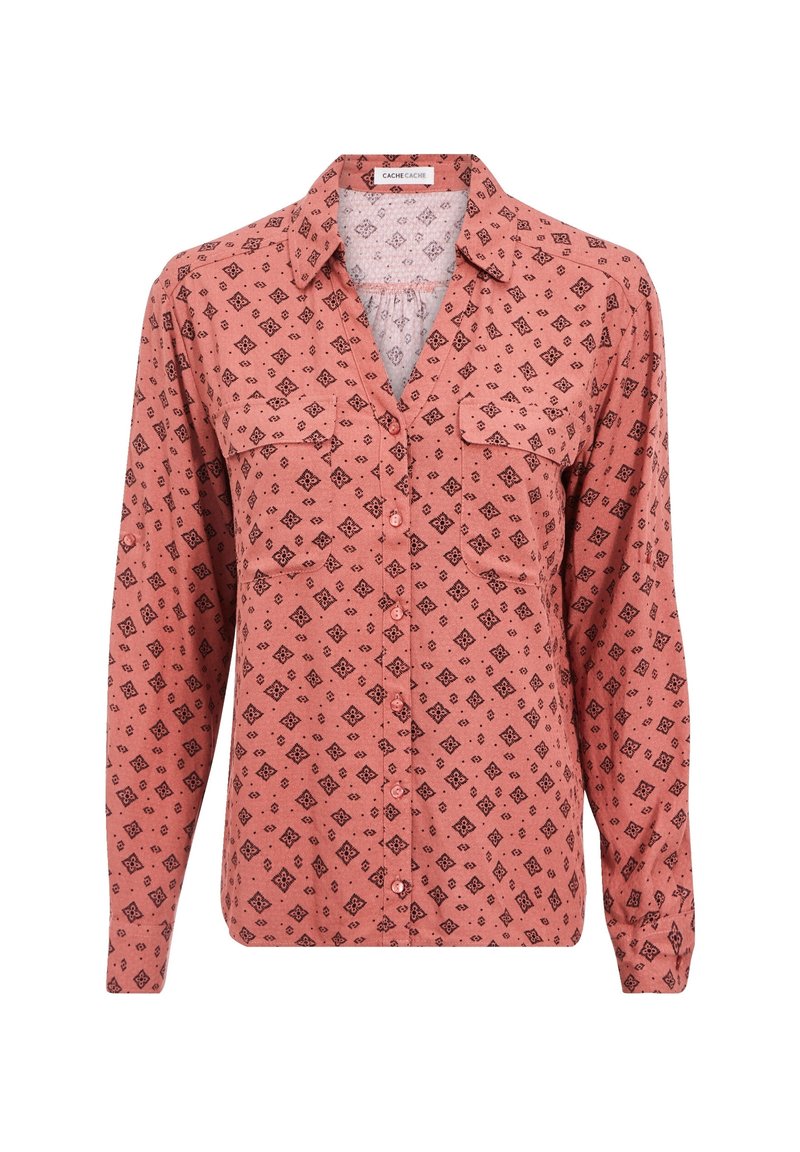 Langarmhemd in Blush mit geometrischem schwarzen Muster, Knopfleiste, zwei Brusttaschen und Kragen. Aus weichem, leichtem Stoff.