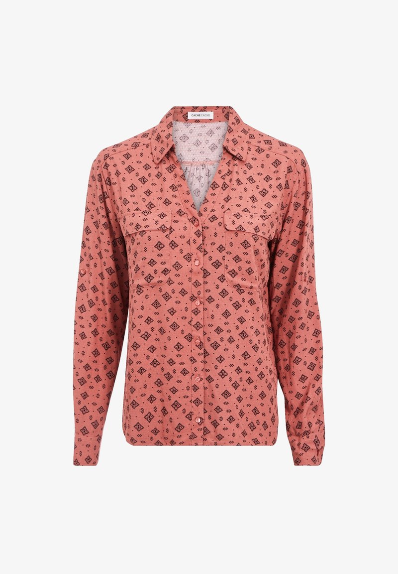 Long-sleeve shirt in blush with a geometric black pattern, button-down front, two chest pockets, and a collar. Soft, lightweight fabric.