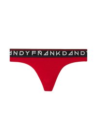 Röd tanga med svart midjeband som har varumärket "FRANK DANDY" i vit text. Tyget är slätt med en mjuk struktur.