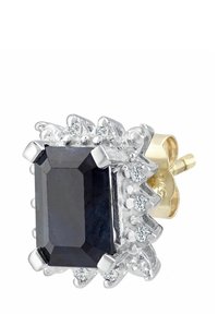 Złote i srebrne kolczyki wkrętki z dużym prostokątnym niebieskim kamieniem na środku, otoczonym małymi, przejrzystymi kamieniami, z misternymi detalami.