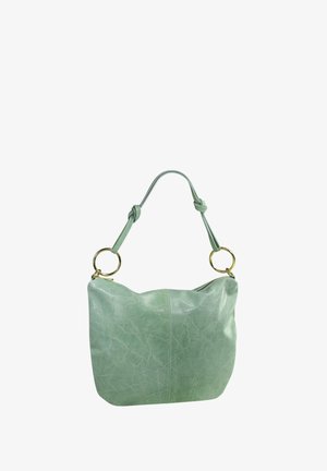 Groene leren handtas met een zachte, ronde vorm, voorzien van een geknoopte strap en gouden hardware-accenten. Gelaagde afwerking met subtiele kreukpatronen.