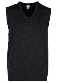 Schwarze ärmellose Sweater mit V-Ausschnitt, gefertigt aus strukturiertem Strickmaterial, mit einer schlichten Silhouette und ohne Verzierungen.