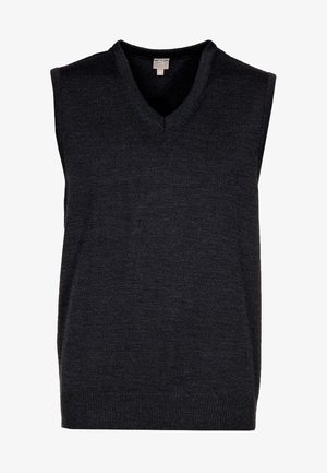 Pull sans manches noir avec un décolleté en V, fabriqué en maille texturée, présentant une silhouette épurée et sans ornement.