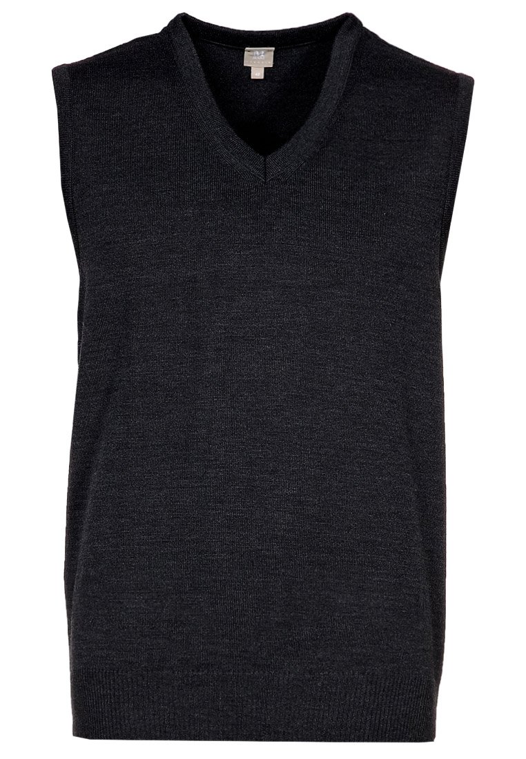 Schwarze ärmellose Sweater mit V-Ausschnitt, gefertigt aus strukturiertem Strickmaterial, mit einer schlichten Silhouette und ohne Verzierungen.