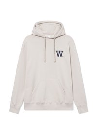 Light beige hoodie made of soft cotton blend, featuring a kangaroo pocket and a navy logo on the left chest. Drawstring hood included.