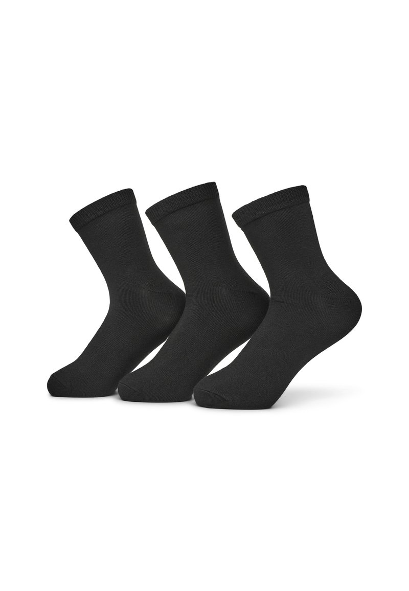 Czarne skarpetki bawełniane w opakowaniu po trzy, z ribbowanym mankietem, gładką teksturą i standardową wysokością do połowy łydki.