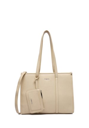Beige rechteckige Handtasche mit doppelten Griffen, einem abnehmbaren Schulterriemen und einem passenden Reißverschluss-Etui, beide mit dem eingeprägten Mexx-Logo.