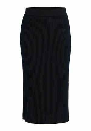 Black ribbed knit midi skirt with a fitted waistband and side slit detail, offering a textured finish and form-fitting design.