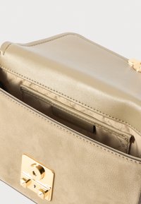 Μπεζ δερμάτινη τσάντα χειρός με χρυσή κλειστή και αξεσουάρ. Υφή εξωτερικού υλικού, λείο εσωτερικό επένδυση με θήκη για κάρτα, ορατή επωνυμία.