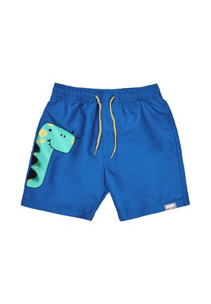 Blaue Badehose mit gelben Kordeln, auf der linken Seite mit einer Cartoon-Grafik eines grünen Dinosauriers und einem kleinen "Swim Co"-Etikett am Saum.